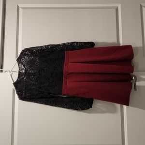 Long sleeve black lace, red skater dress